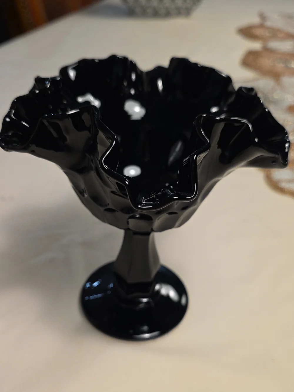 Fenton Black Decorative Ruffled Pedestal Compote